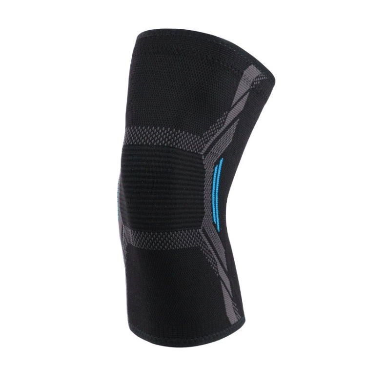 Black knit knee pad with gray support panels and blue accent stripe.