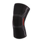 Black knit knee pad with gray support panels and red accent stripe.