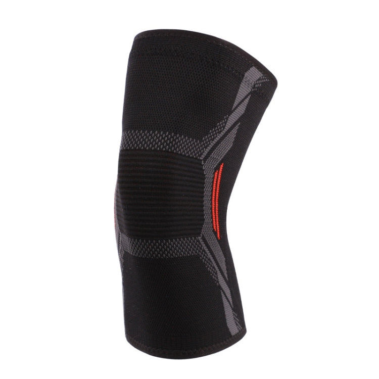 Black knit knee pad with gray support panels and red accent stripe.