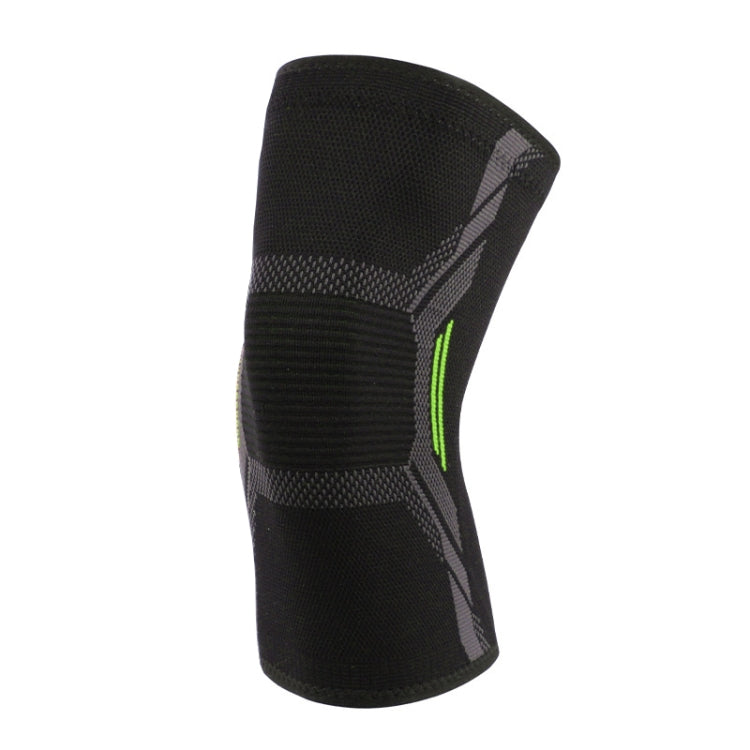 Black knit knee pad with gray support panels and neon green accent stripe.