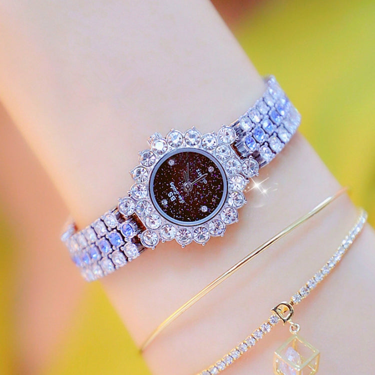 Women’s sparkling rhinestone chain watch with dark dial and silver-tone bracelet