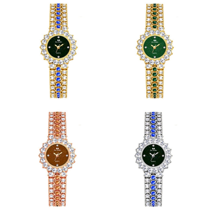 Set of women’s rhinestone strap watches with green dials in gold and silver tones