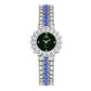Women’s rhinestone strap watch with dark green dial and blue stone bezel on silver band