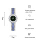 Women’s rhinestone watch with blue stone links shown with size and feature graphic