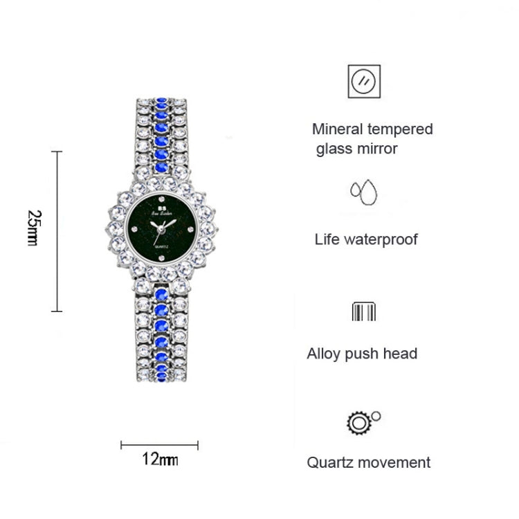 Women’s rhinestone watch with blue stone links shown with size and feature graphic