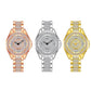 Set of three ladies watches with jeweled bezels in rose gold, silver, and gold tones