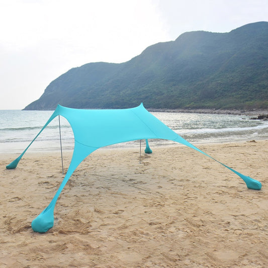 Outdoor beach sunshade canopy tent with sky-blue fabric and four padded corner poles