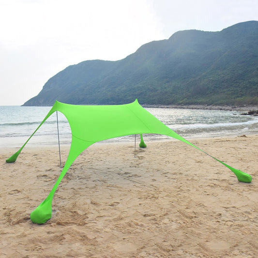 Outdoor beach sunshade canopy tent with green fabric and four padded corner poles