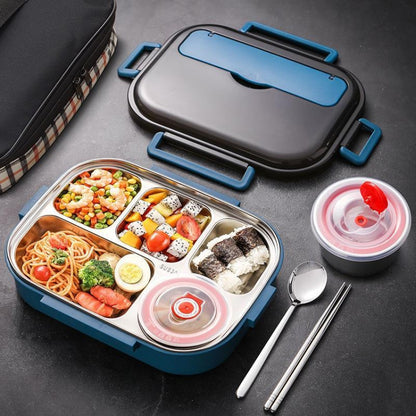 Peacock blue double-layer lunch box with clear lid, divided trays, and pink side containers