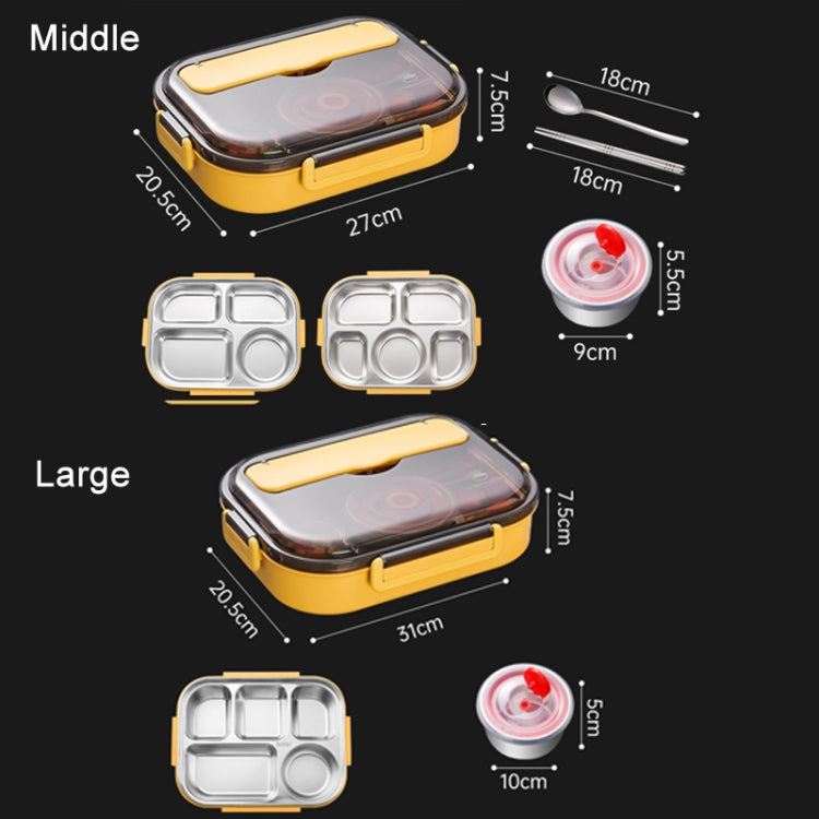 Lunch box size chart showing middle and large layouts plus compartment and lid dimensions