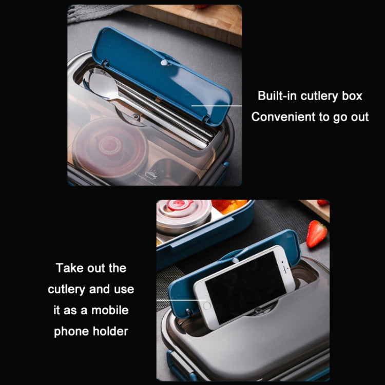 Double-layer lunch box with built-in cutlery box and phone holder compartment on lid