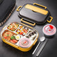 Lemon yellow double-layer lunch box with clear lid, divided trays, and pink side containers