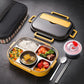 Lemon yellow double-layer lunch box with clear lid, divided compartments, and round food cups
