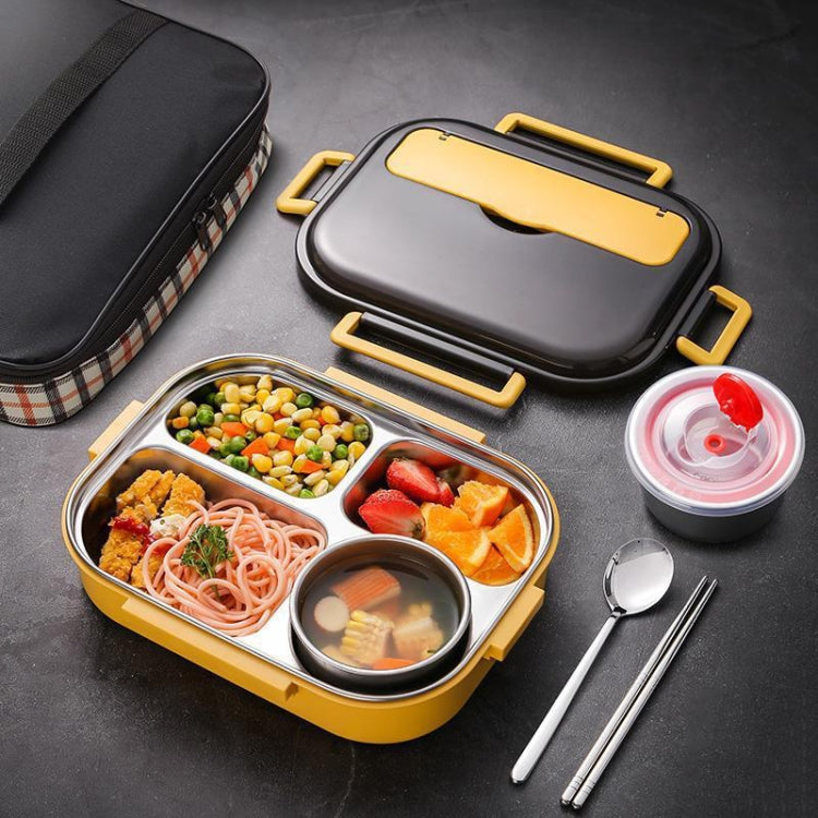 Yellow double-layer lunch box with clear lid, divided trays, and round food cups