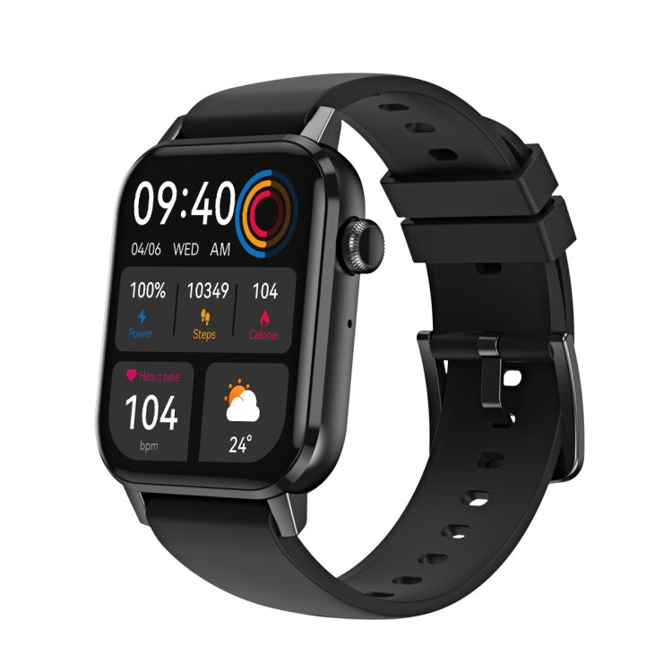 Black smartwatch with heart-rate app screen and black silicone sport band