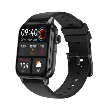 Black smartwatch with heart-rate app screen and black silicone sport band