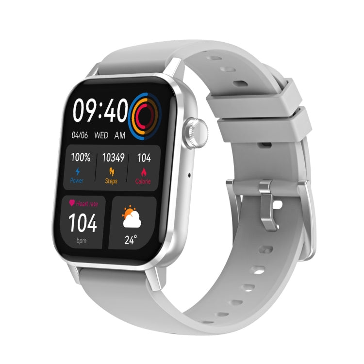Silver smartwatch with heart-rate app screen and light gray silicone sport band