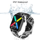 Black smartwatch with multi-color fitness screen, worn on black silicone band