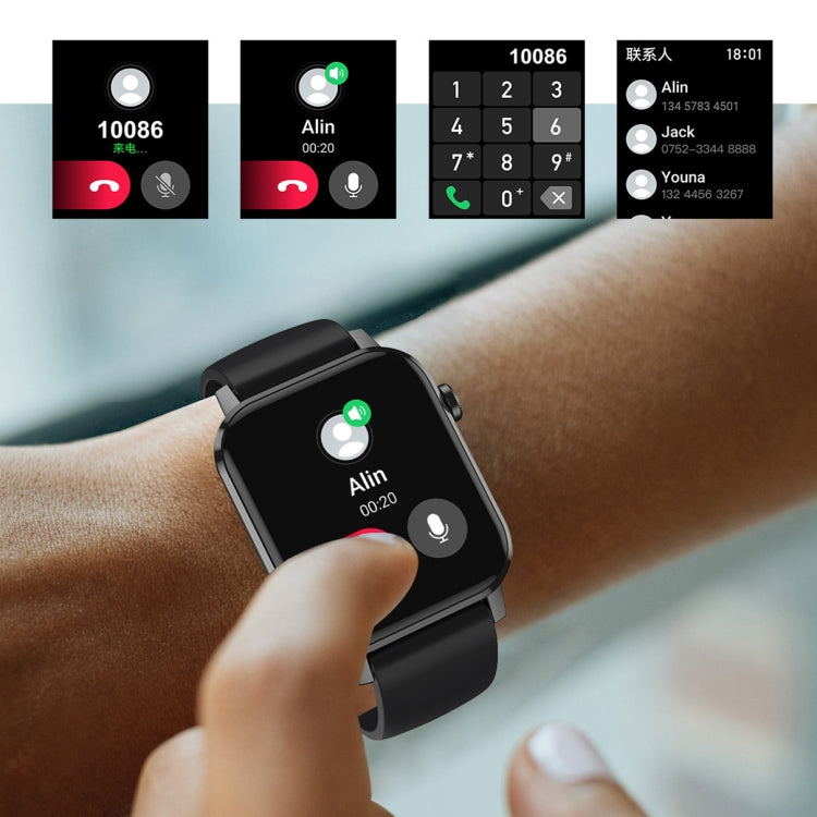 Black smartwatch on wrist with call and keypad icons displayed
