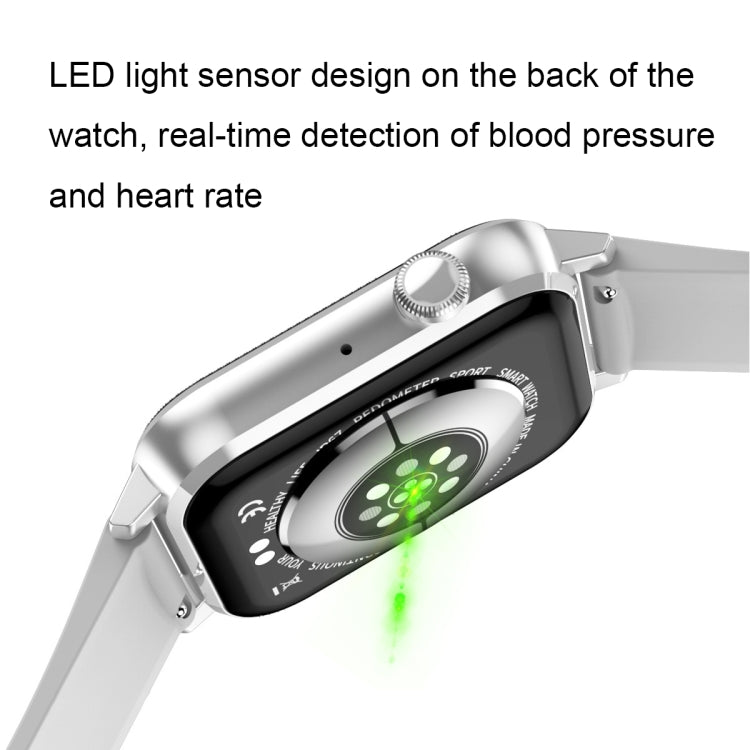 Smartwatch back with circular LED sensor and green indicator light, on white band