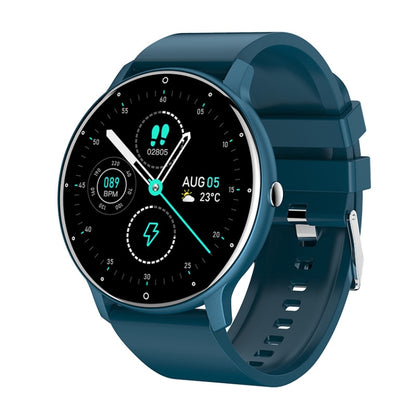 Heart rate monitoring smartwatch with blue silicone strap, round black display