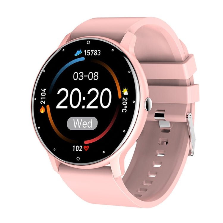 Heart rate monitoring smartwatch with pink silicone strap, round black display with time