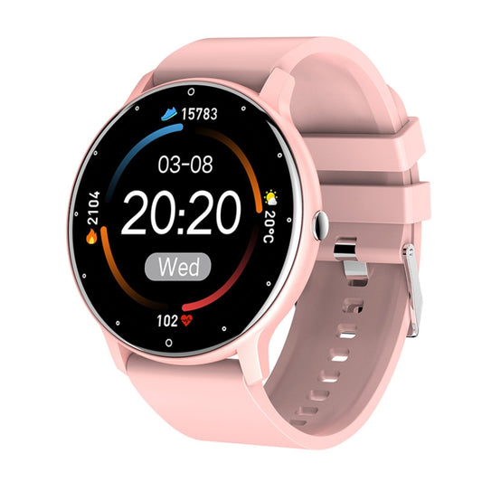 Heart rate monitoring smartwatch with pink silicone strap, round black display with time