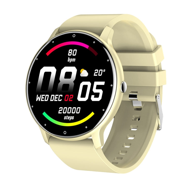 Heart rate monitoring smartwatch with beige silicone strap, round black display with steps