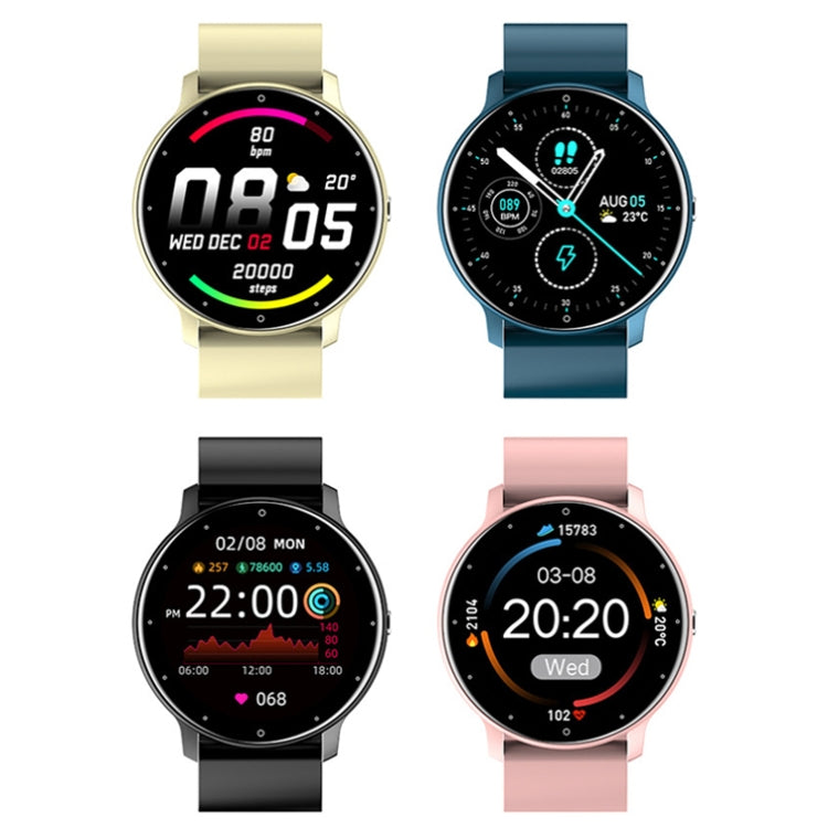 Heart rate monitoring smartwatch with four silicone strap colors: black, blue, pink, gold