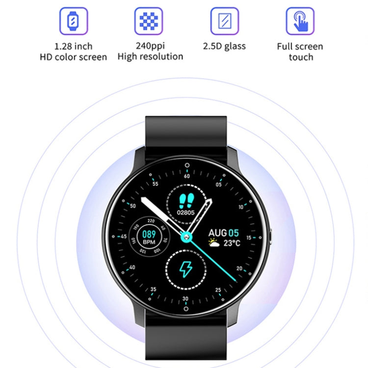 Heart rate monitoring smartwatch with black silicone strap, round display with health icons