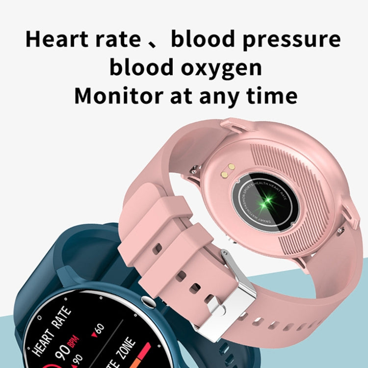 Heart rate monitoring smartwatch with pink and blue silicone bands, showing sensor side