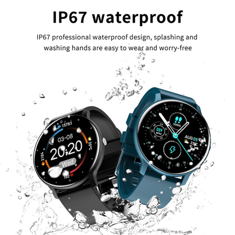 Heart rate monitoring smartwatch with blue and black silicone straps, water droplets around