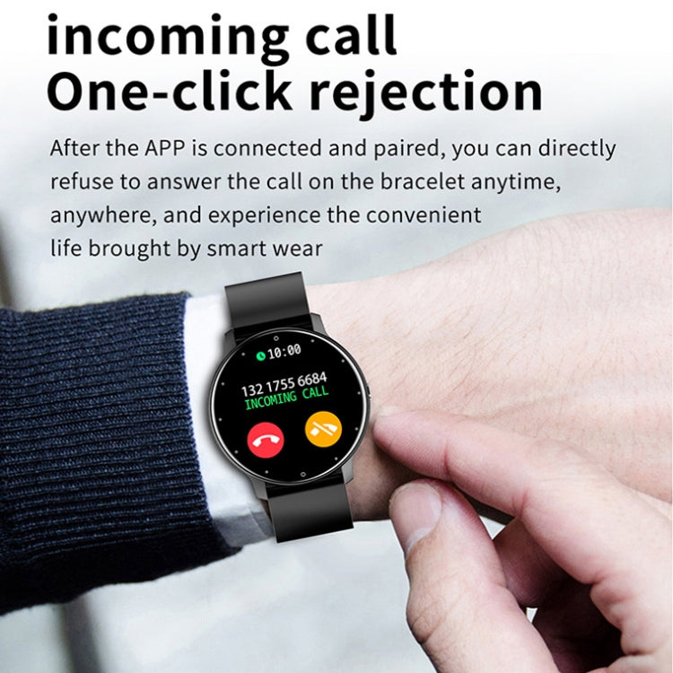Heart rate monitoring smartwatch with black silicone strap on wrist, incoming call screen