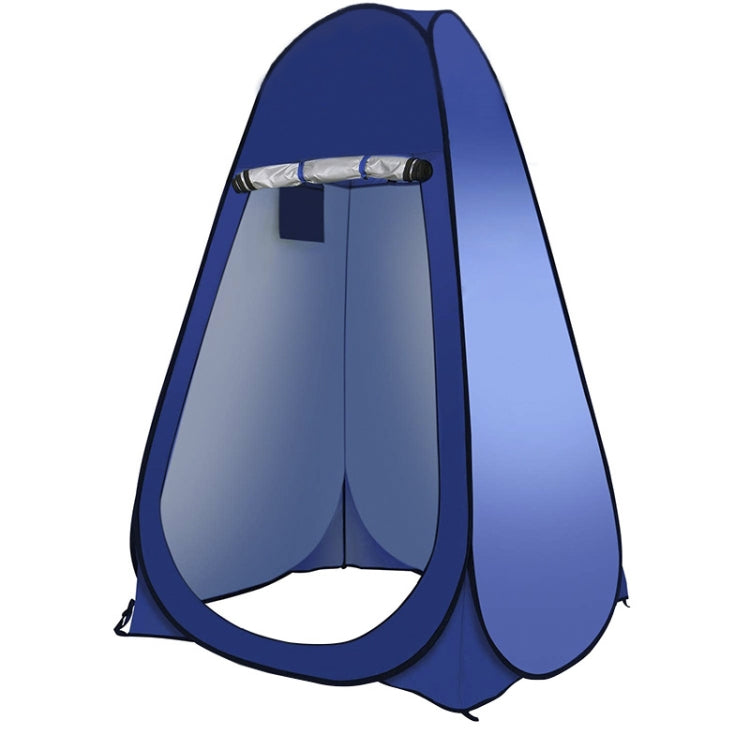 Portable camping shower privacy tent, blue fabric with top support bar and front door opening