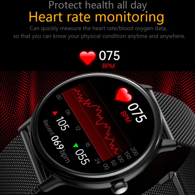 Black smartwatch with round face and heart-rate BPM display on black strap