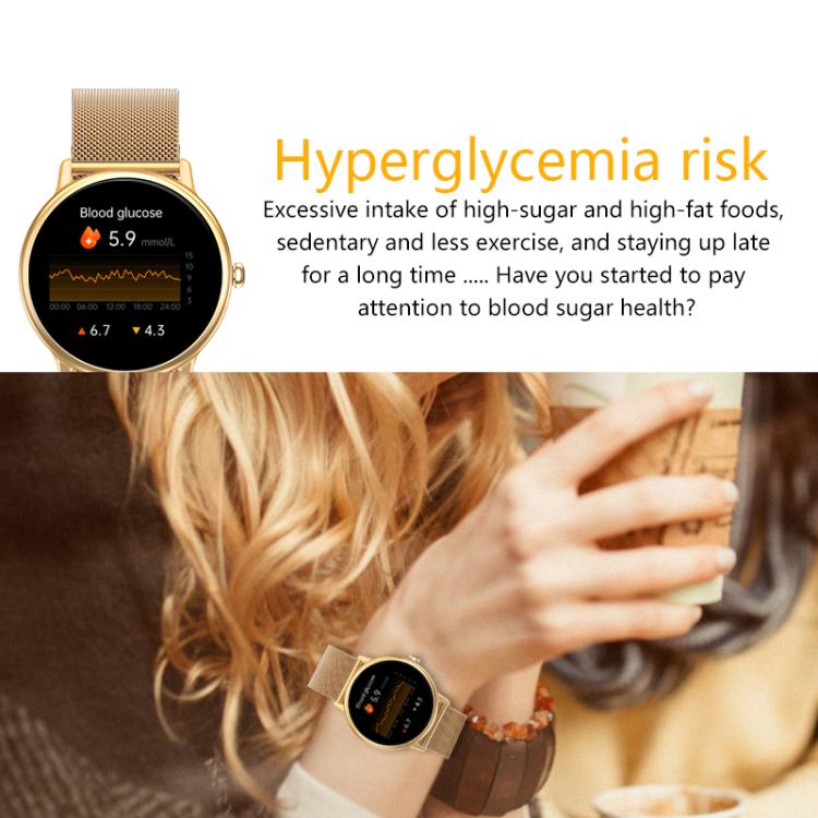 Gold-tone mesh smartwatch with round screen showing blood glucose chart