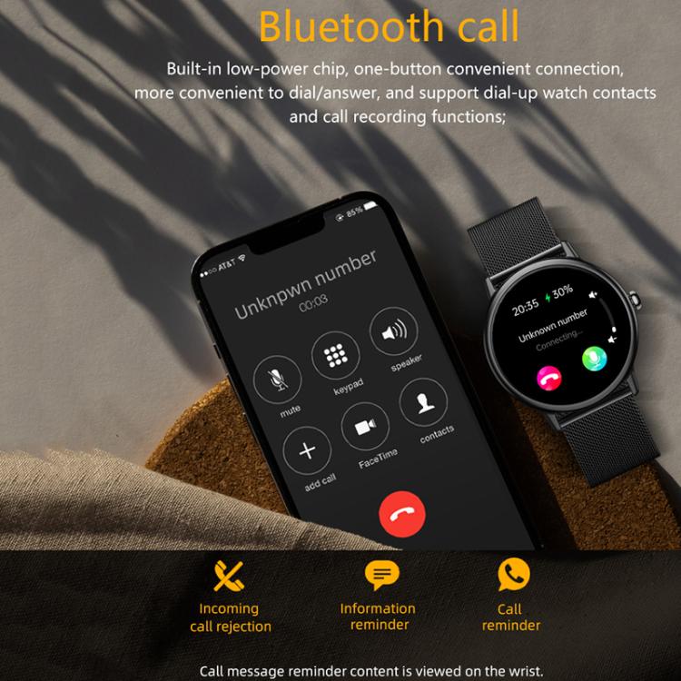 Black mesh smartwatch with round screen showing call interface and reminders