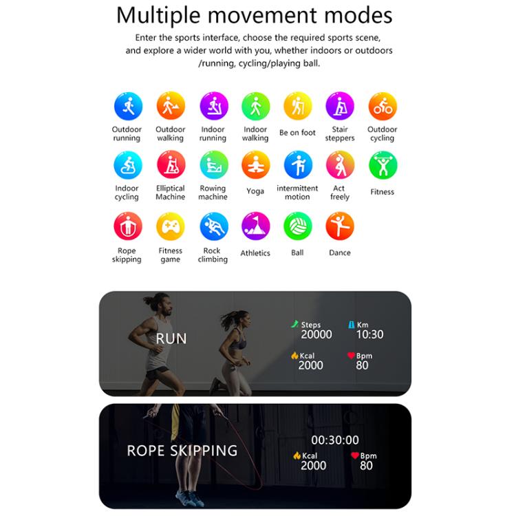 Smartwatch showing movement mode dashboard on a dark display panel
