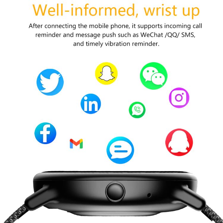 Black smartwatch front view with round face and side crown button