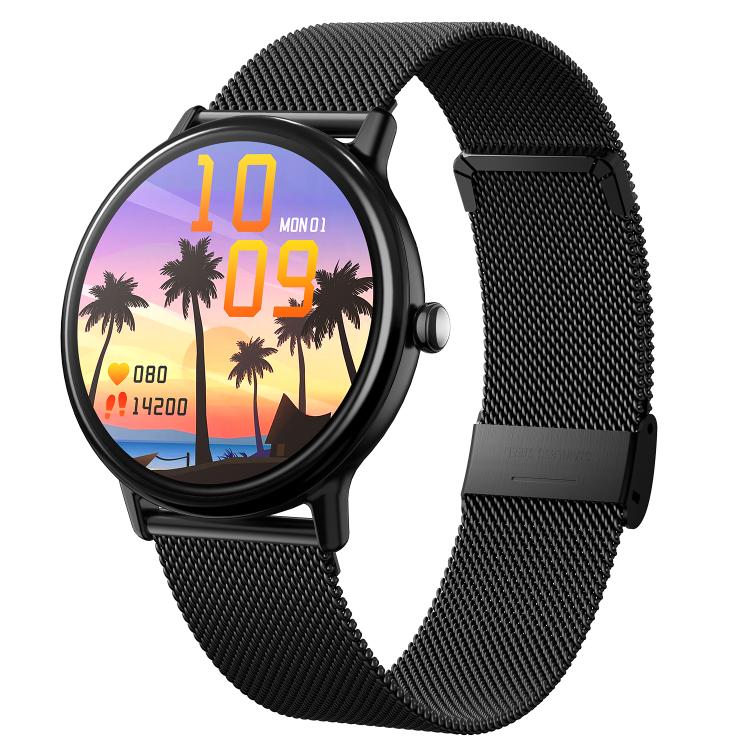 Round smart Bluetooth watch with black mesh strap and sports-style screen