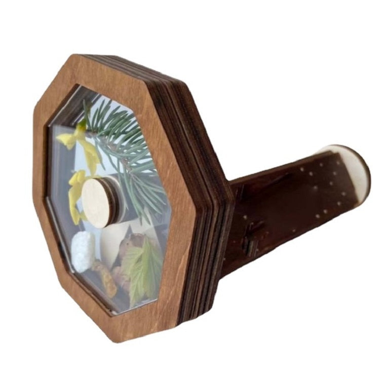 Wooden kaleidoscope toy with octagon viewing window and cylindrical handle