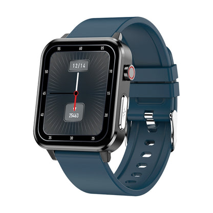 Bluetooth smartwatch with blue silicone strap, black metal case, fitness screen display