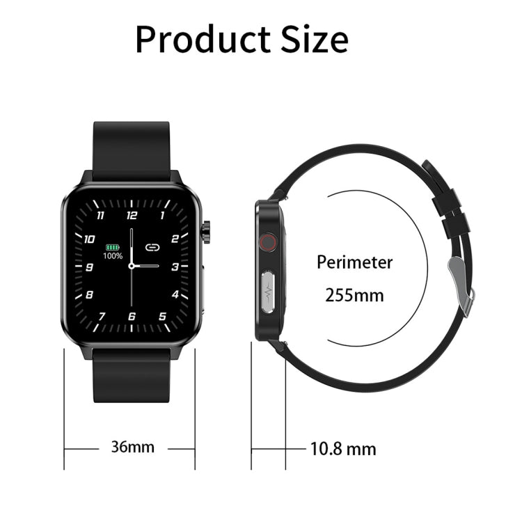 Bluetooth smartwatch size diagram with front view of black watch and strap dimensions