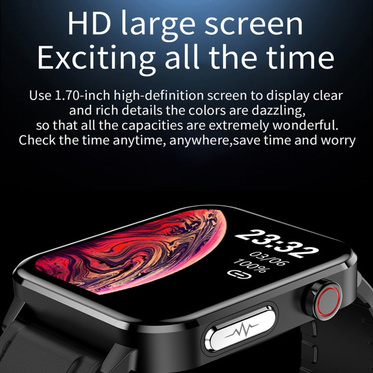 Bluetooth smartwatch with black case and bright screen, red abstract wallpaper on display