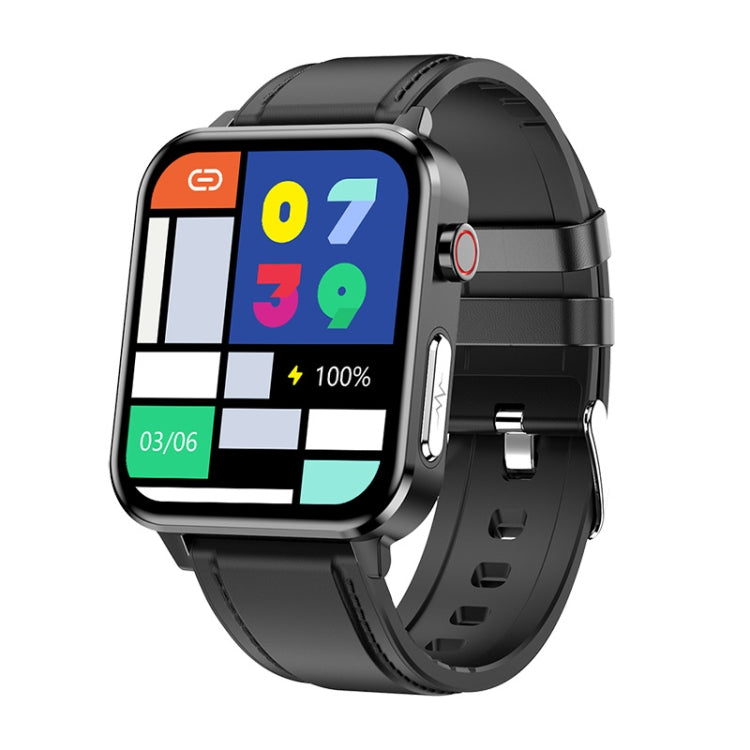 Bluetooth smartwatch with black silicone strap, square screen with colorful app tiles
