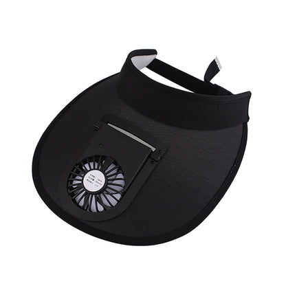 Black sunshade fan hat with large curved brim and built-in cooling fan module