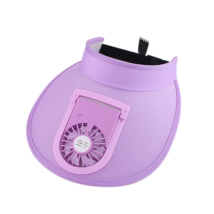 Violet sunshade fan hat with large curved brim and built-in cooling fan module
