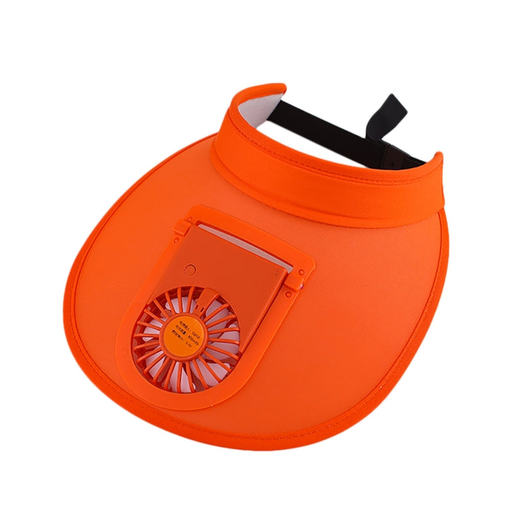 Orange-red sunshade fan hat with large curved brim and built-in cooling fan module
