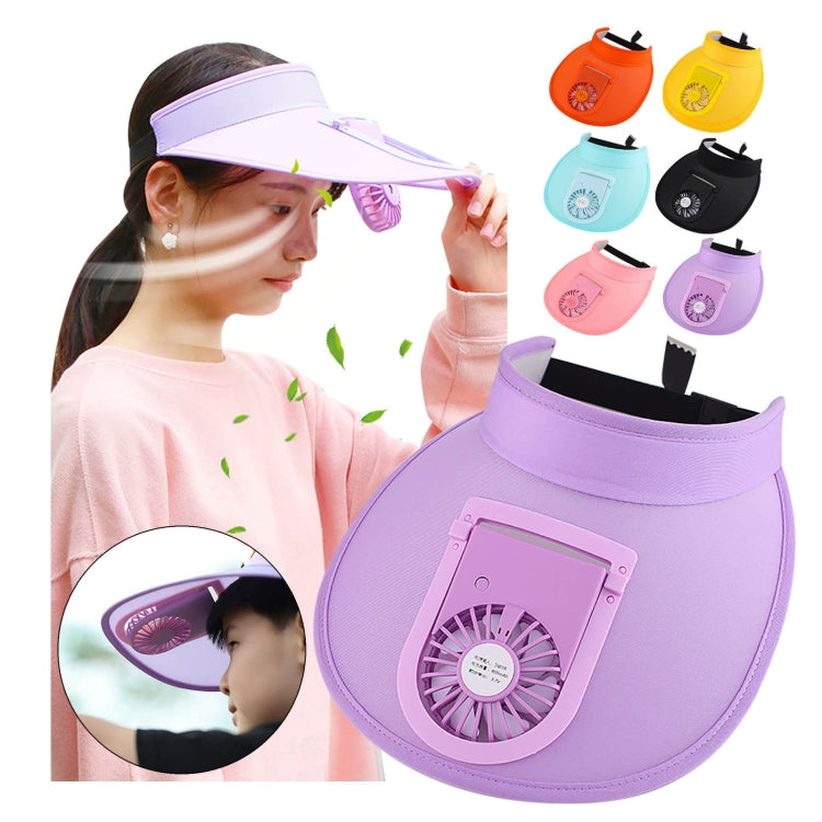 Purple sunshade fan hat with curved brim, built-in fan, and adjustable chin strap