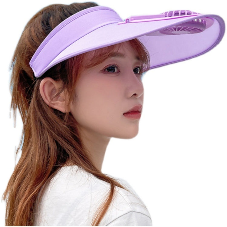 Lavender rechargeable fan sun hat with wide brim and chin strap